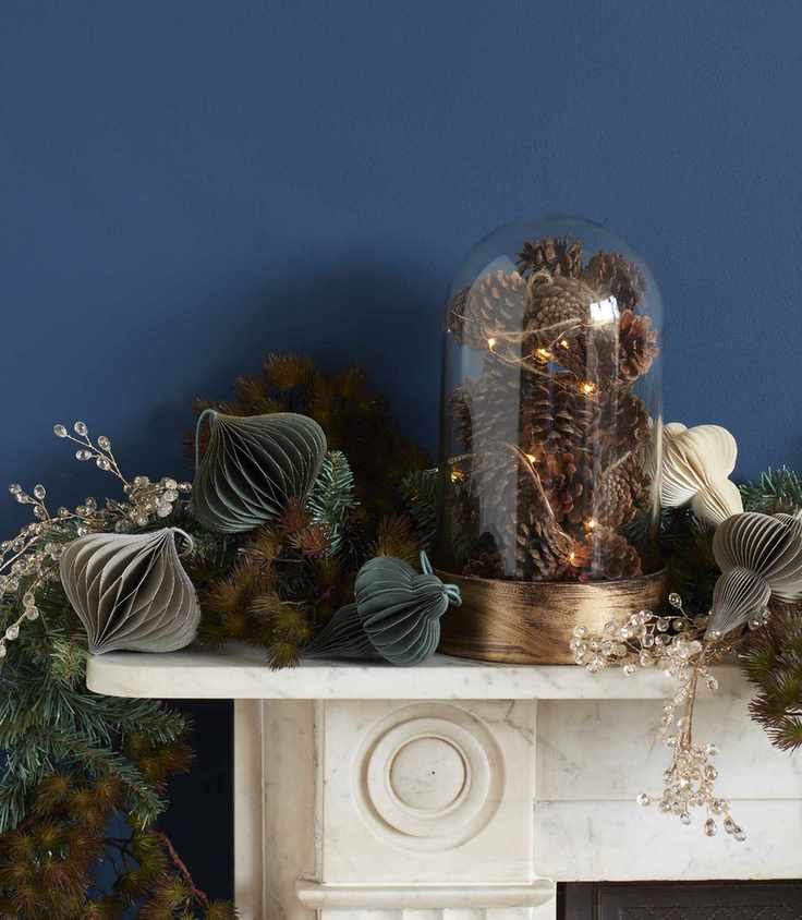 Pine cones in glass dome with lights