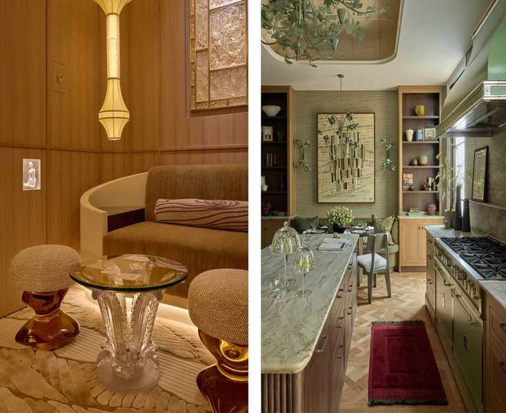 Premium interiors side by side: the left displays a wood-paneled lounge with a curved sofa and a glass-base table; the right features a chic green kitchen and dining area with a marble-top island.