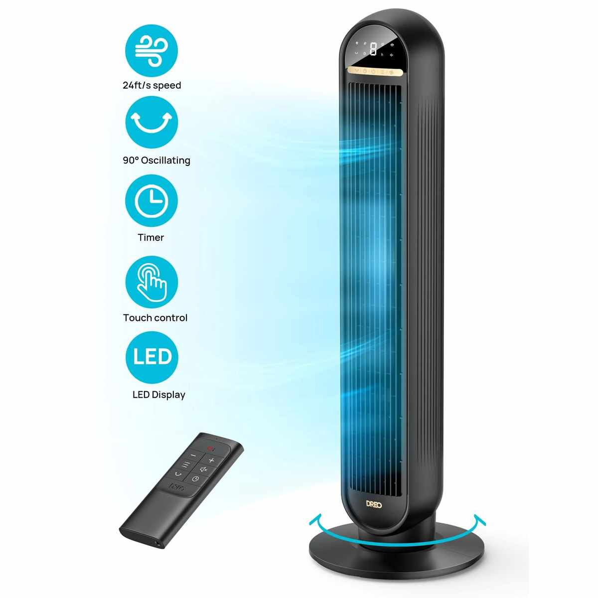 A black rotating tower fan