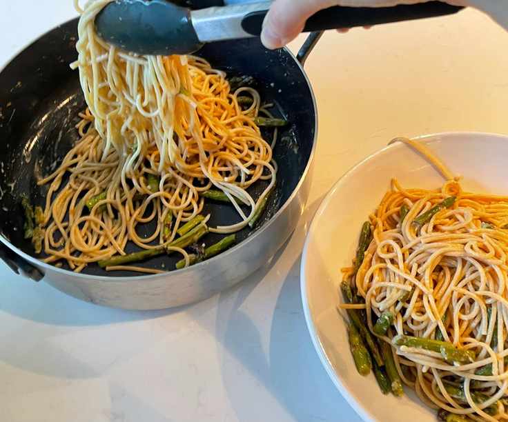 Serving asparagus & lemon pasta from Stanley Tucci's cookware, the Stanley Pan
