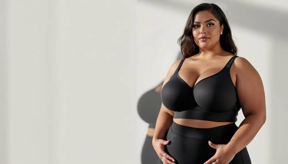 Demonstration of how to wear plus size bras to minimize back fat.