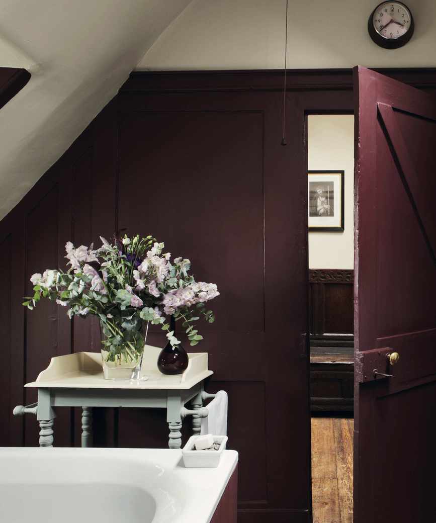 aubergine eggplant bathroom with white bath, side table, shiplap walls, shelving, towel storage, Farrow &amp;amp; Ball