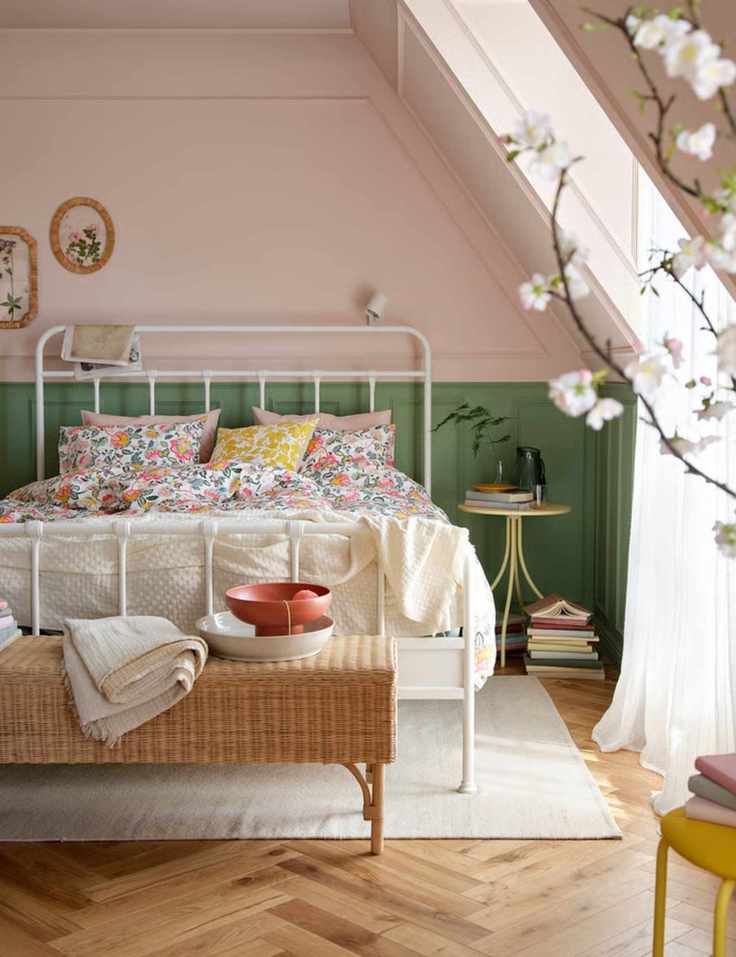 Pastel pink-and-green bedroom with floral bedding