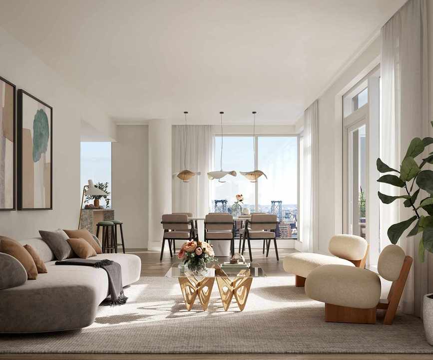 Cream chairs, wooden back, open plan dining room