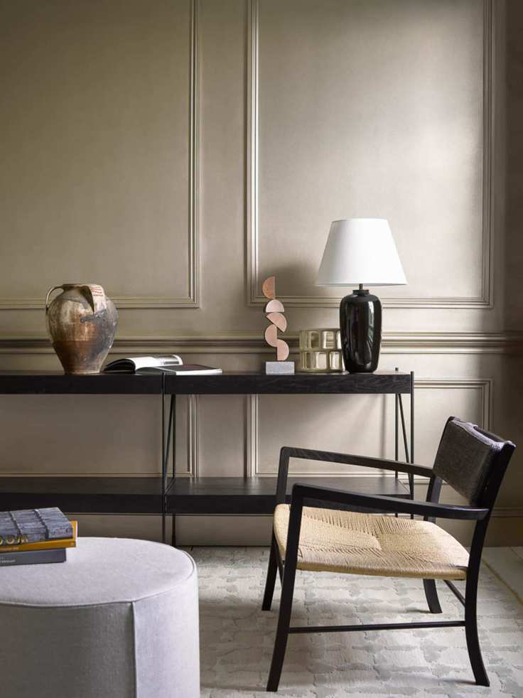 Beige living room in Crown Entice Metallic emulsion