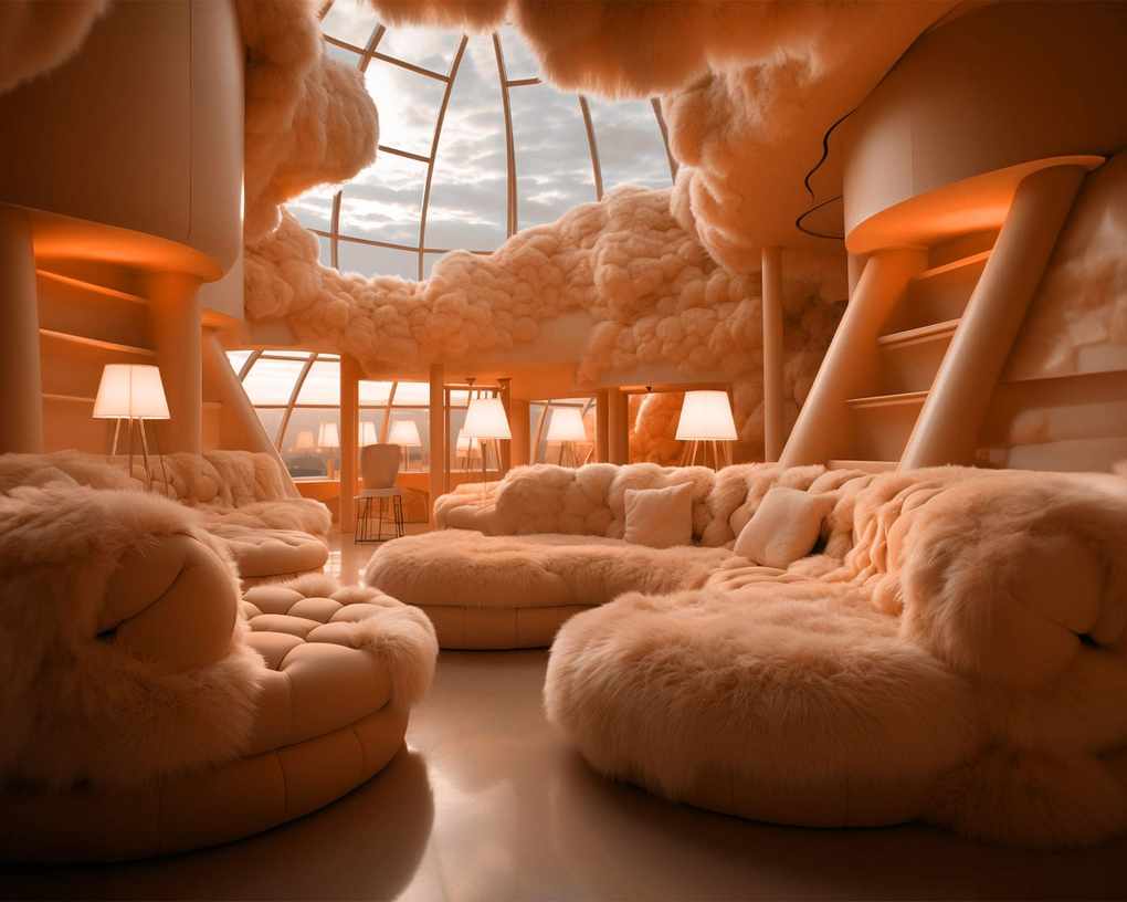 Pantone color of the year 2024, cozy living space with furry seating
