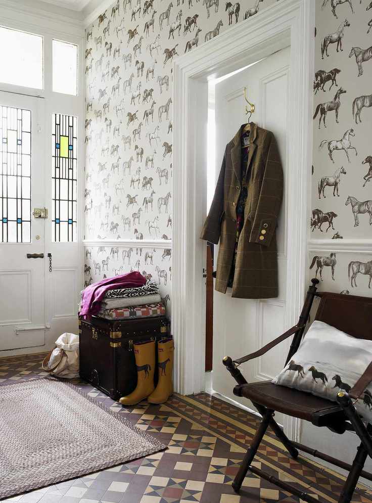 equestrian themed hallway, white horse / horses motif wallpaper with original feature decorative ceramic tiled flooring