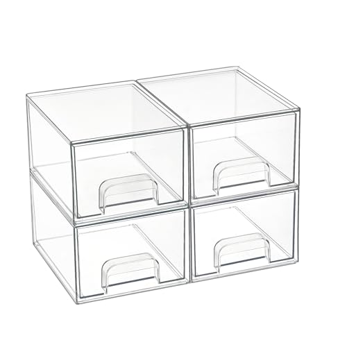 Vtopmart 4 Pack Small Clear Stackable Storage Drawers,acrylic Bathroom Makeup Organizer,plastic Storage Bins for Vanity, Undersink, Kitchen Cabinets, Pantry, Home Organization