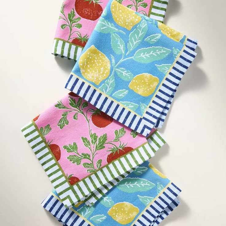 Bright block printed napkins with lemon and tomato motifs