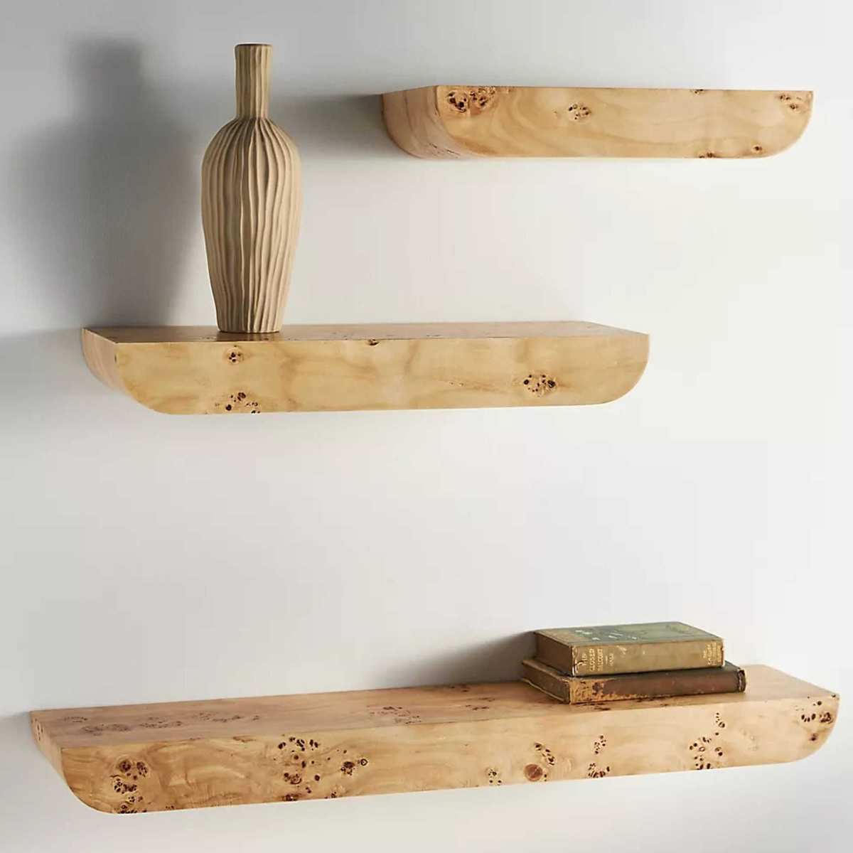 Set of three burl wood shelves
