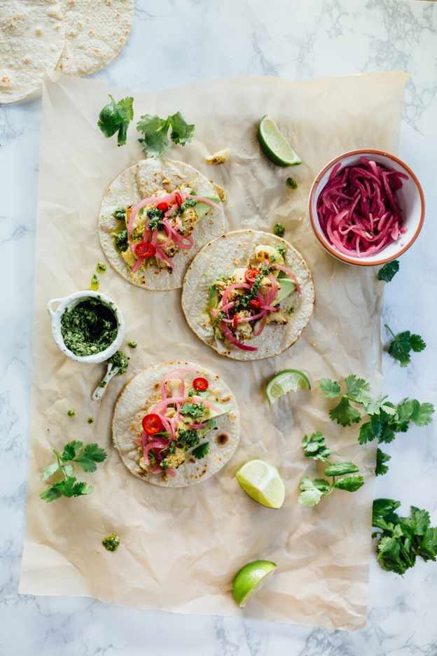 roasted cauliflower tacos with cilantro pesto