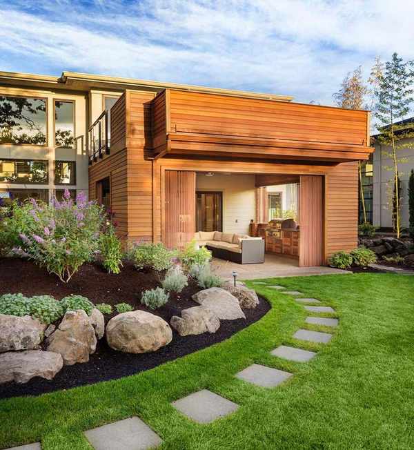 landscaping garden with rocks and garden path