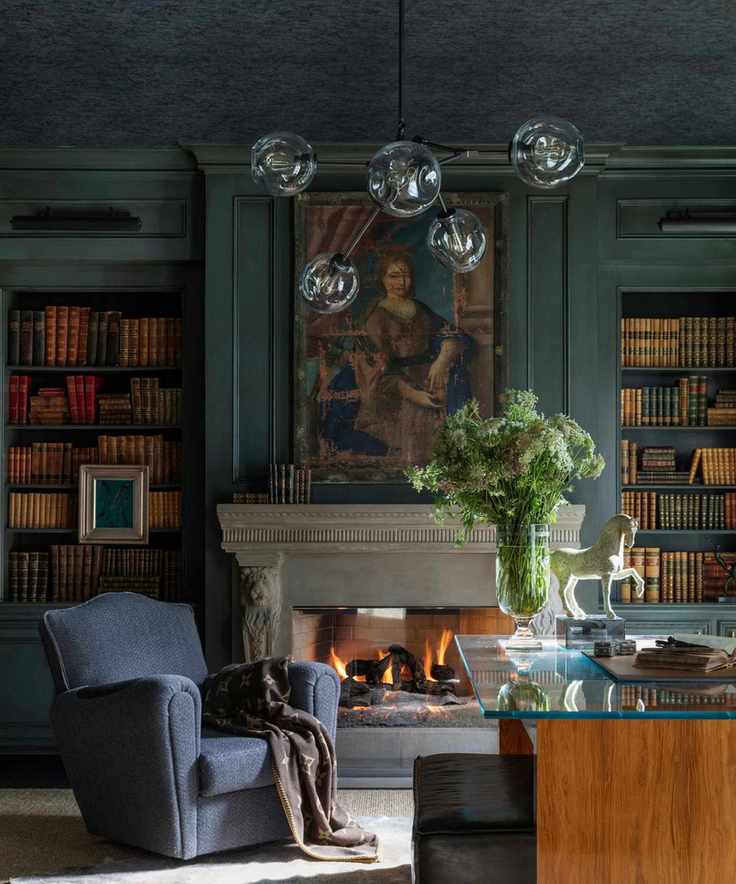 Bright library with comfortable seating and decorative elements.