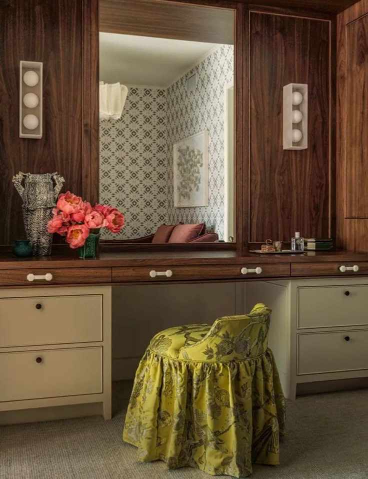 A stylish dressing room featuring a wooden vanity with a large mirror, a floral arrangement of pink flowers, and a vibrant yellow skirted chair against a patterned wall.