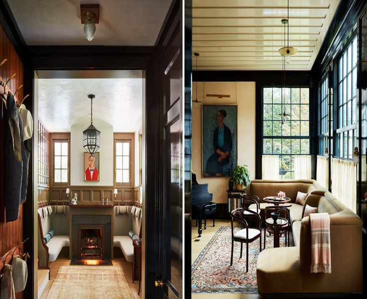 Two images from Bryan Graybill's home showing a cozy snug with a fire on the left and a sitting room with large window and corner sofa on the right