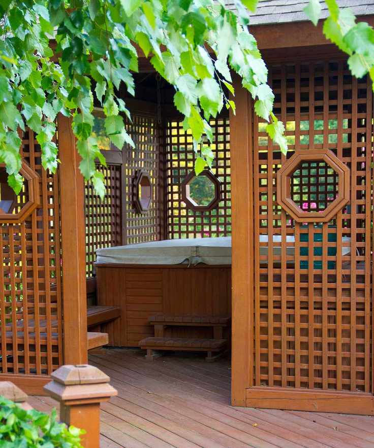 hot tub with trellis shelter