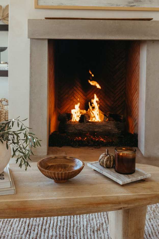 Cozy fall fireplace ambiance.