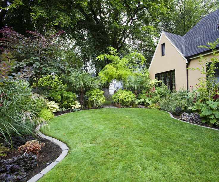 House and landscaped backyard with shaped lawn