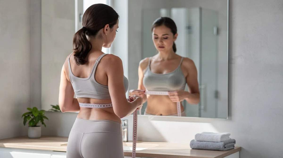 A woman measures her band size for a bra in front of a mirror, holding a soft measuring tape snugly around her ribcage. This is crucial for finding the correct bra size, which involves both band and cup measurements to ensure a perfect fit.
