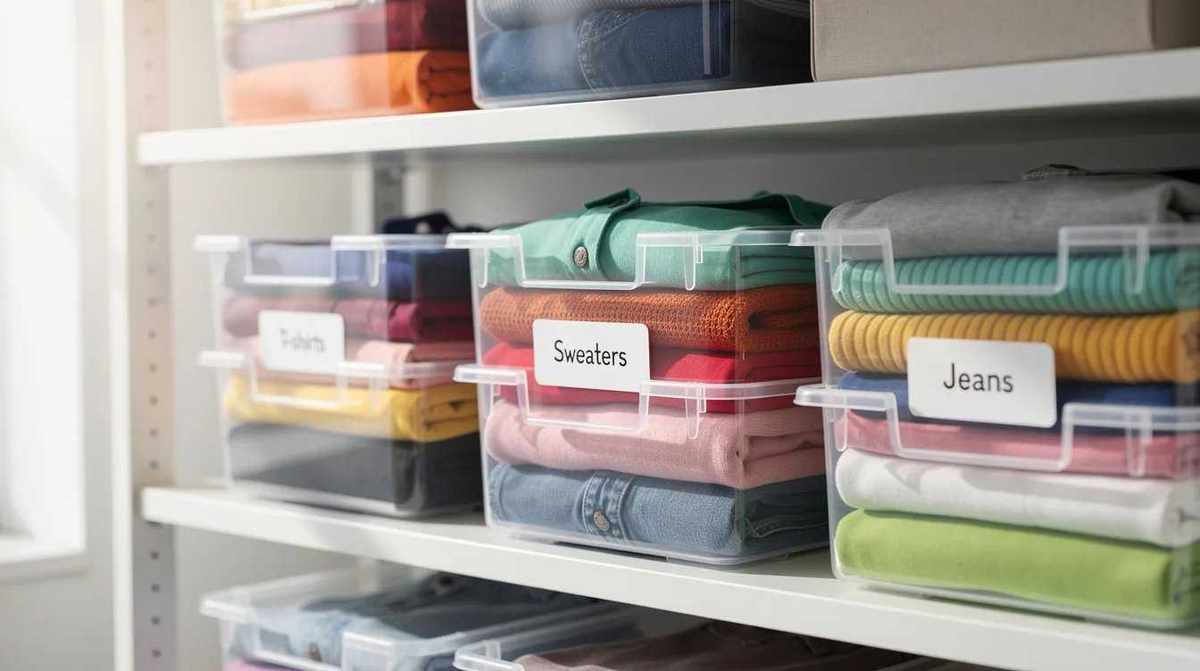 The image features neatly organized colorful cloths stored in clear containers, each labeled for easy identification. The vibrant fabrics promise a comfortable wear, perfect for various occasions and styles throughout your life.