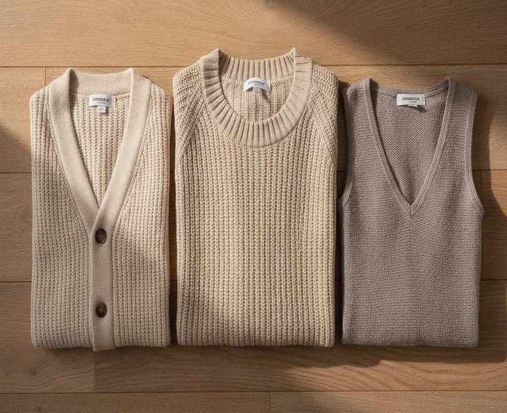The image features a variety of sweater styles, including a knitted pullover, a buttoned cardigan, and a woolen vest, all neatly arranged on a wooden surface. These garments, made from knitted or crocheted material, showcase different designs and textures, emphasizing comfort and warmth for the upper body.