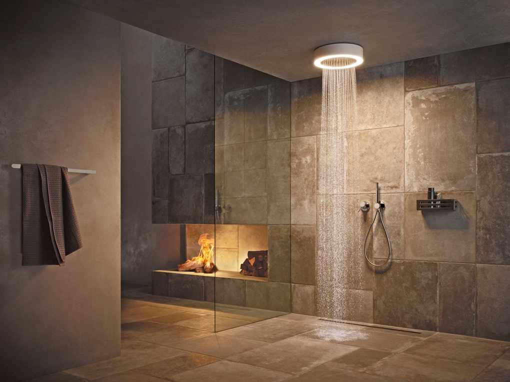 Shower with rainfall feature and integrated lighting