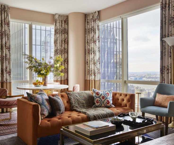 Peach living room in an open plan apartment