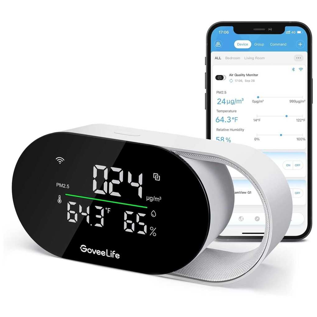 White air quality monitor next to an iPhone