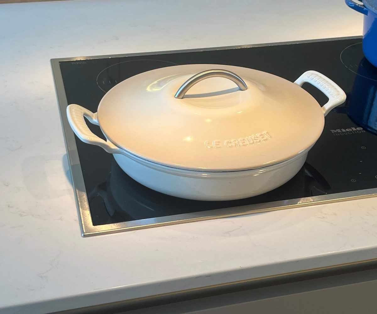 The Le Creuset Modern Heritage Round Braiser on my induction stove