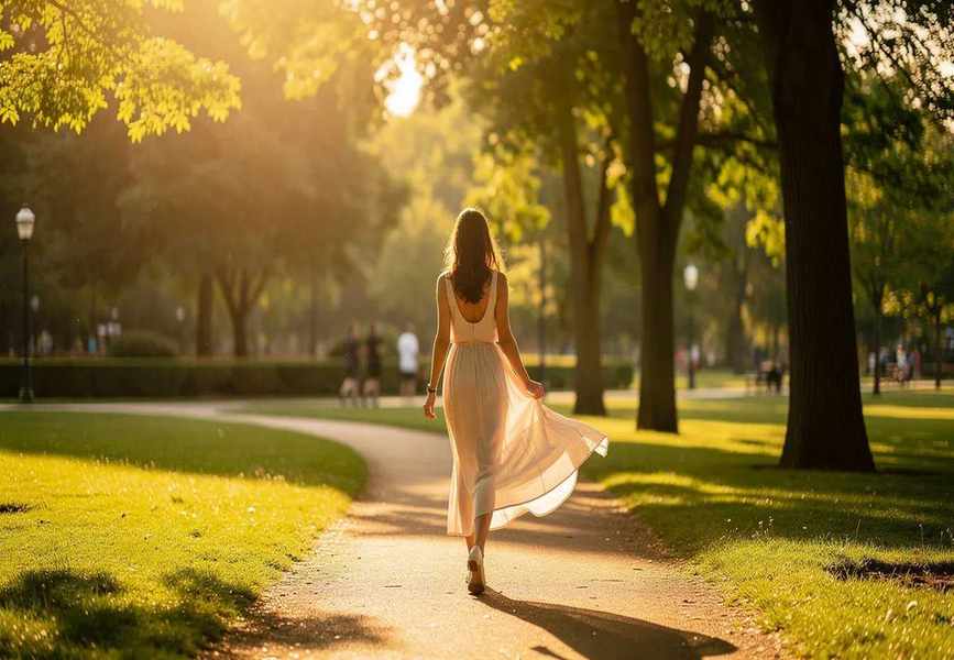 A woman in a flowing summer dress strolls through a sunny park, embodying a carefree spirit. Her outfit complements her style, and she likely opts for comfortable underwear that avoids visible panty lines, perfect for everyday wear in warm weather.
