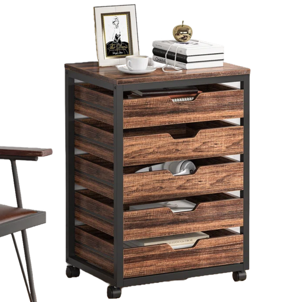 a wooden brown and black set of slender drawers on wheels