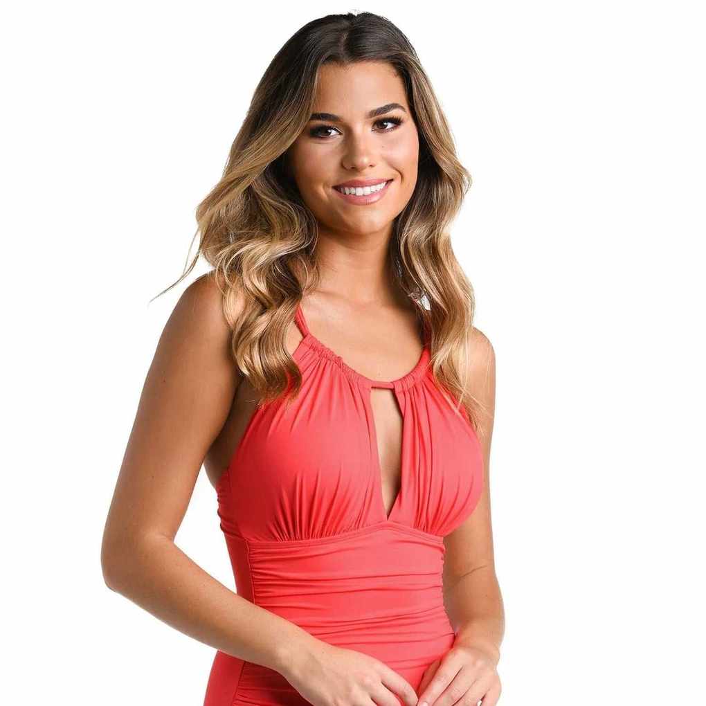 A model in a red women's high-neck swimwear