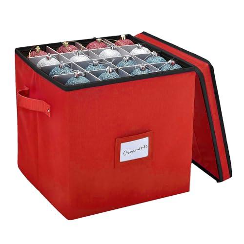 A red cube box with baubles inside, divided by cardboard dividers in between each. A matching led leans against the side.