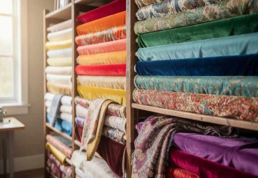 A vibrant display of various quality fabrics, including beautiful linen and soft materials, arranged on wooden shelves in a bright fabric store, inviting customers to explore options for their next sewing or quilting project.