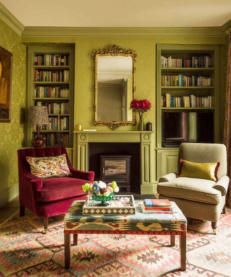A vibrant living room with contrasting patterned carpet and furniture