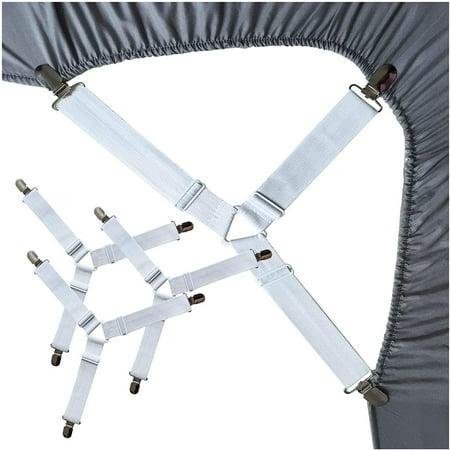 A set of three-way bed sheet suspenders, holding a gray fitted sheet in place