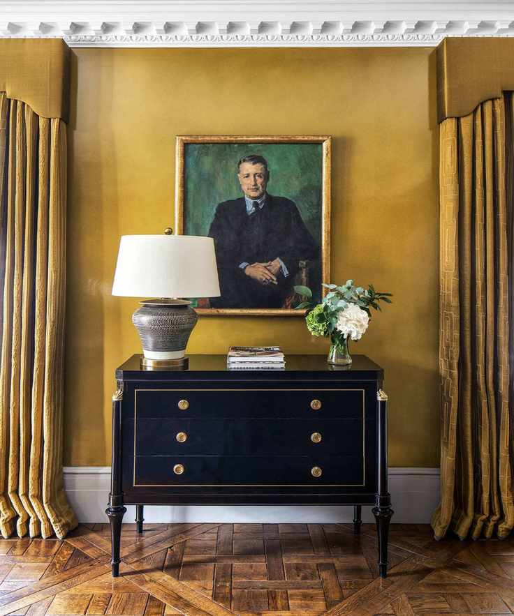 Hallway with mustard yellow walls and decor
